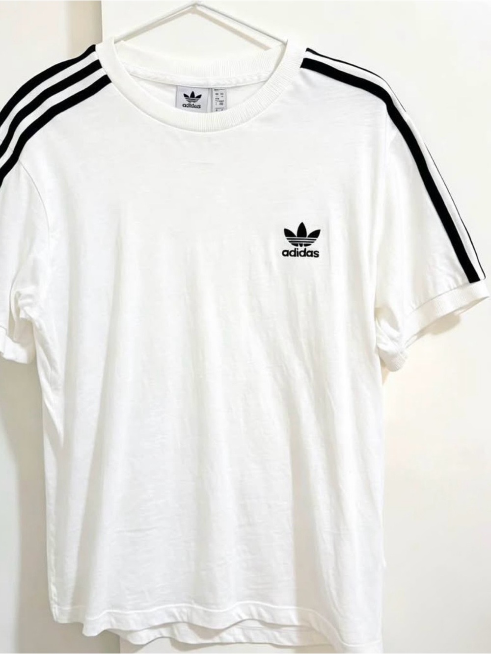 adidas White Short Sleeve Trefoil Tee with Black Shoulder Stripes